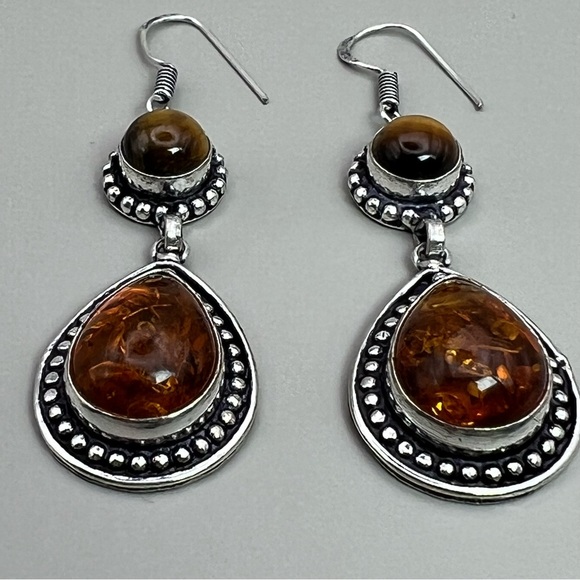 New Tigers Eye Gemstone with Sim Amber Silver Overlay Earrings - Picture 2 of 6